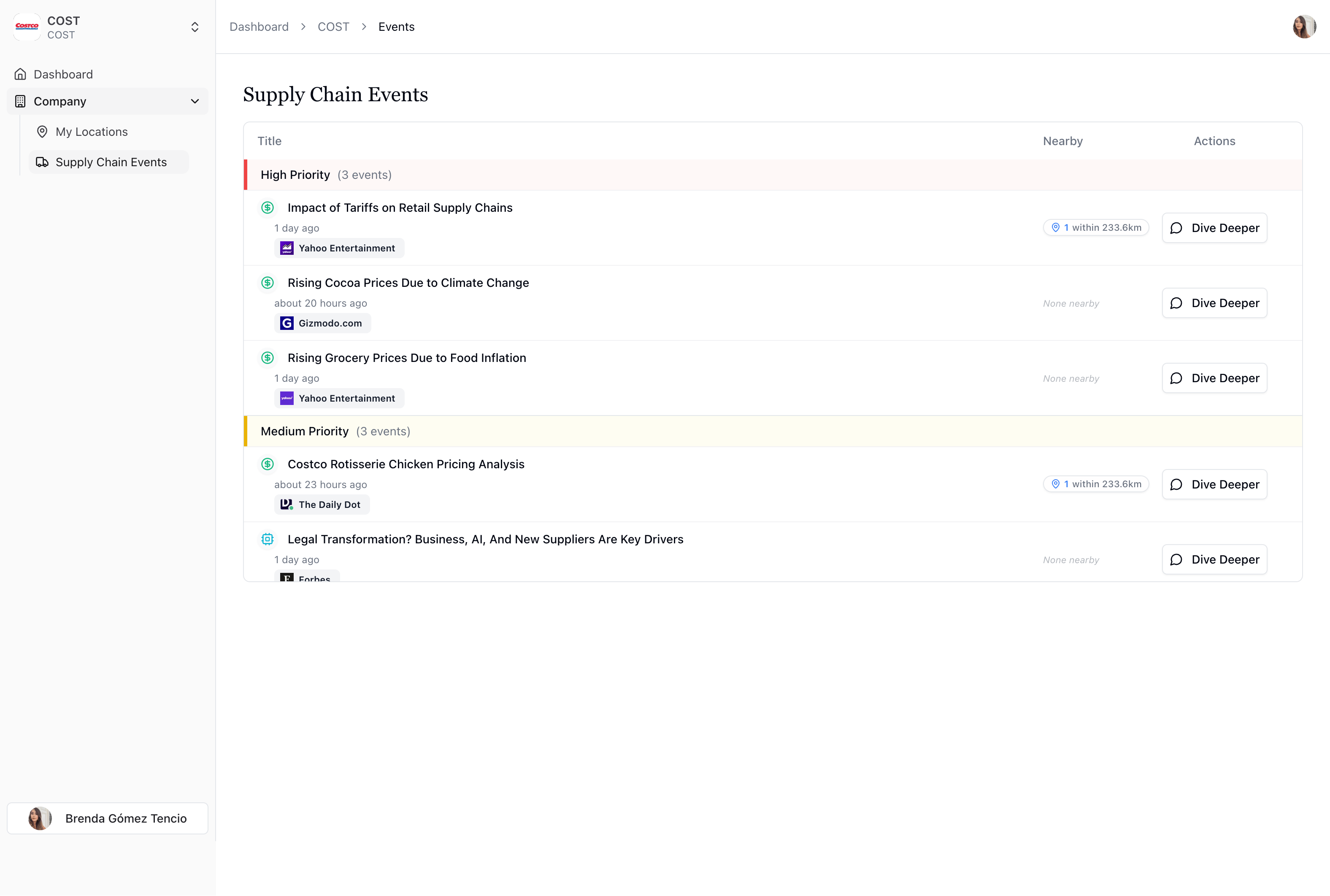 Augii’s supply-chain news grouped by priority, with nearby locations and links to explore each event