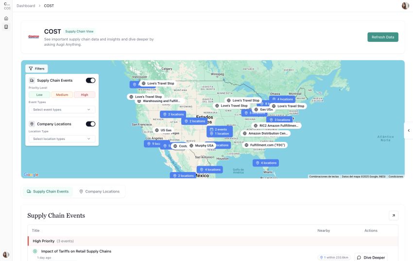 Augii’s interactive map of company locations and supply-chain events across North America