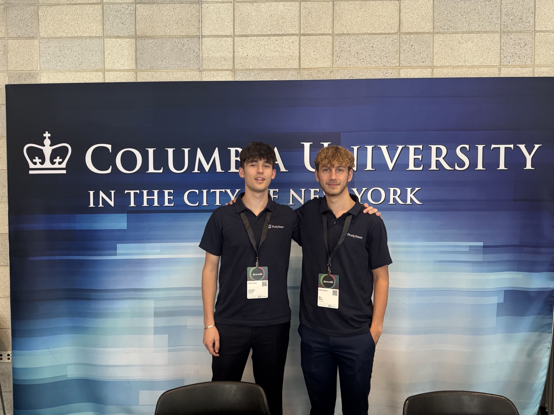 Jonathan and Ben in front of the Columbia University sign in New York