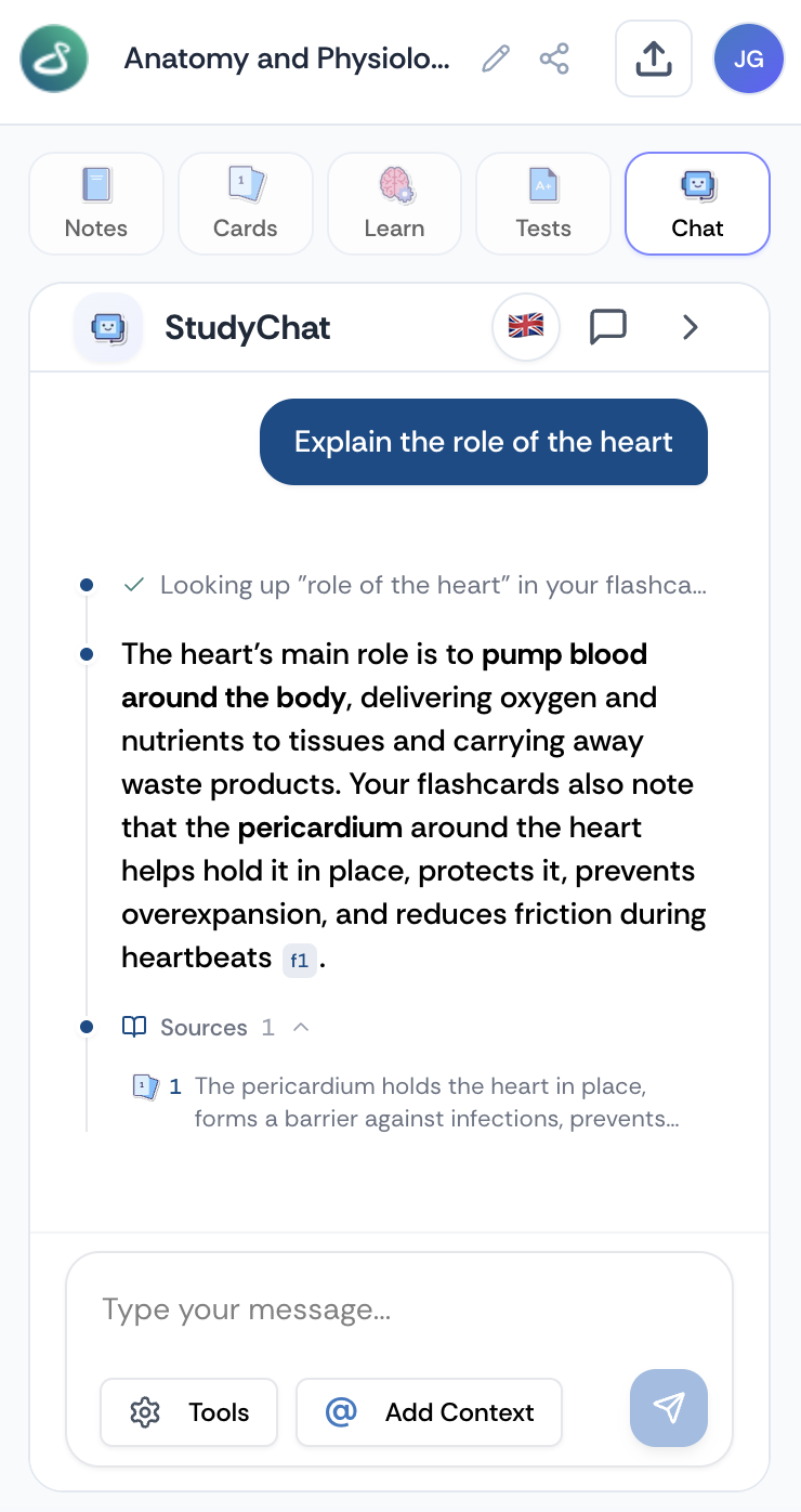StudyChat answering a question with sources from a student's flashcards